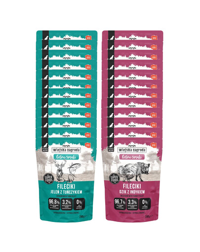 WIEJSKA ZAGRODA Monoproteinové Filetky Mix chutí Divočák s krůtím a Jelen s tuňákem 24x280 g krmivo pro psy