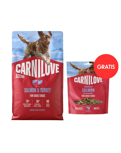 CARNILOVE Active Dog Salmon & Turkey Adult 4 kg granule s lososem a krůtou pro aktivní psy + CARNILOVE Dog Crunchy Snack losos 200g ZDARMA