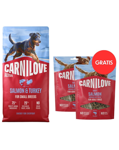 CARNILOVE Active Dog Salmon & Turkey Adult Small Breeds 12 kg losos a krůta pro psy malých plemen + CARNILOVE Dog Soft Snack Salmon Small Bite 2x200g ZDARMA