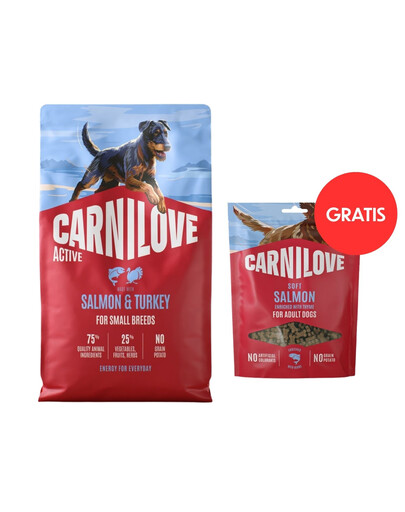 CARNILOVE Active Dog Salmon & Turkey Adult Small Breeds 4 kg granule s lososem a krůtím masem pro aktivní dospělé psy malých plemen + CARNILOVE Dog Soft Snack Salmon Small Bite 200g ZDARMA