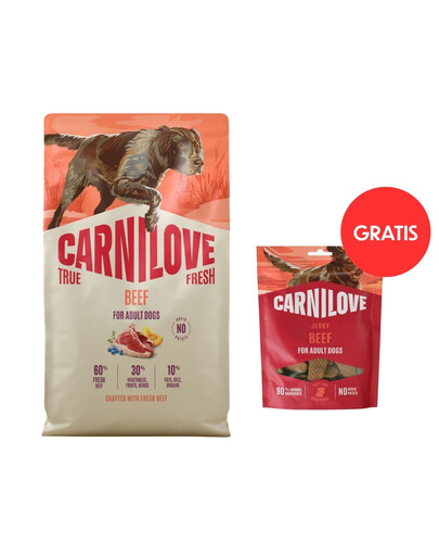 CARNILOVE True Fresh Dog Beef Adult 4 kg granule s čerstvým hovězím masem pro psy + CARNILOVE Dog Jerky Beef Filet 100g ZDARMA