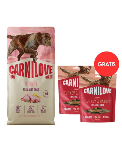 CARNILOVE True Fresh Dog Turkey Adult 12 kg granule s čerstvým krůtím masem pro psy + CARNILOVE Dog Jerky Turkey & Rabbit 2x100g ZDARMA