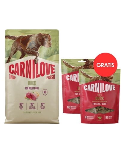 CARNILOVE True Fresh Dog Duck Adult 12 kg granule s čerstvou kachnou pro psy + CARNILOVE Dog Soft Snack Duck 2x200g ZDARMA