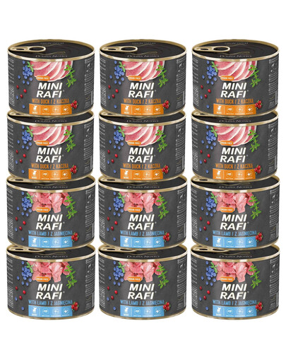 RAFI Mini Mix příchutí s kachnou a jehněčím 12x185g pro psy malých plemen