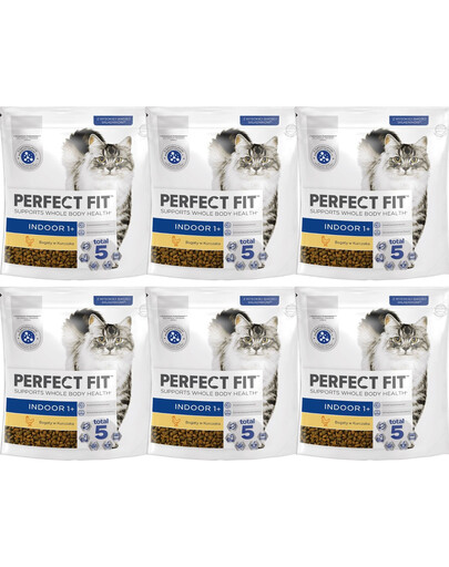 PERFECT FIT Indoor 1+ 6x750 g sucha karma pełnoporcjowa dla dorosłych kotów bogata w kurczaka