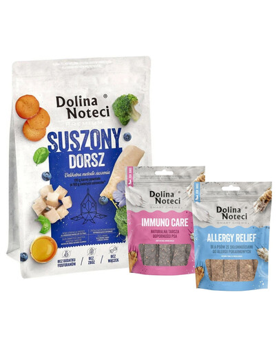 DOLINA NOTECI Prémiové sušené krmivo pro tresky 3 kg + Smart Chews Allergy Relief a Immuno Care 2x100 g pamlsky pro psy