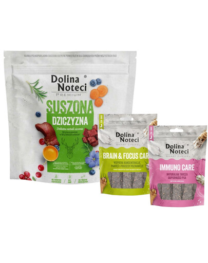 DOLINA NOTECI Prémiové suché krmivo pro zvěřinu 1 kg + Smart Chews Brain & Focus Care a Immuno Care 2x100 g pamlsky pro psy