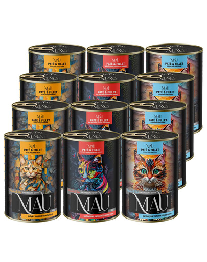 MAU Paštika a Filet Mix chutí Karmazín, krůta a hovězí 12x400 g konzervy pro kočky