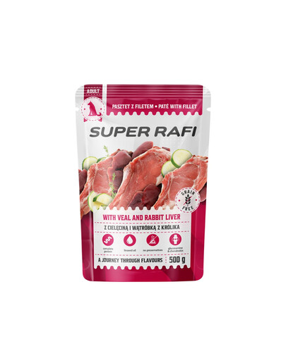 SUPER RAFI s telecím masem a králičími játry pro psy 500 g krmivo pro psy