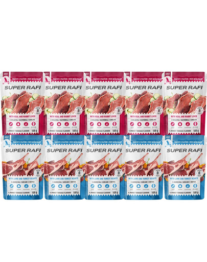 SUPER RAFI Směs chutí s jehněčím, krůtím a králičími srdíčky 10x500 g mokré krmivo pro psy
