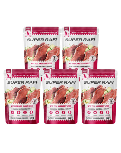SUPER RAFI s telecím masem a králičími játry pro psy 5x500 g mokré krmivo pro psy