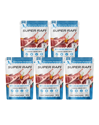 SUPER RAFI s jehněčími a krůtími srdíčky 5x500 g mokré krmivo pro psy
