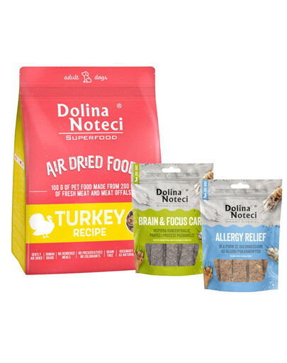 DOLINA NOTECI Superfood Danie z indyka karma suszona 1 kg + Smart Chews Allergy Relief i Brain & Focus Care 2x100 g przysmaki dla psów