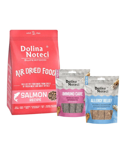 DOLINA NOTECI Superfood Sušené krmivo pro lososa 1 kg + Smart Chews Úleva od alergií a Immuno Care 2x100 g pamlsky pro psy