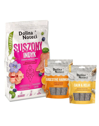 DOLINA NOTECI Prémiové sušené krmivo pro psy s krůtou 9 kg + žvýkací pamlsky Smart Chews Calm & Relax a Digestive Harmony 2x100 g