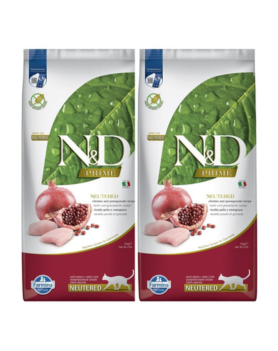 FARMINA N&D Prime Chicken & Pomegranate Cat Neutered – krmivo pro kastrované kočky, 2×10 kg