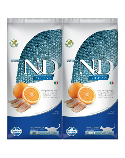 FARMINA N&D Ocean Cat Adult Herring & Orange suché krmivo pro kočky se sleděm a pomerančem 2x10 kg