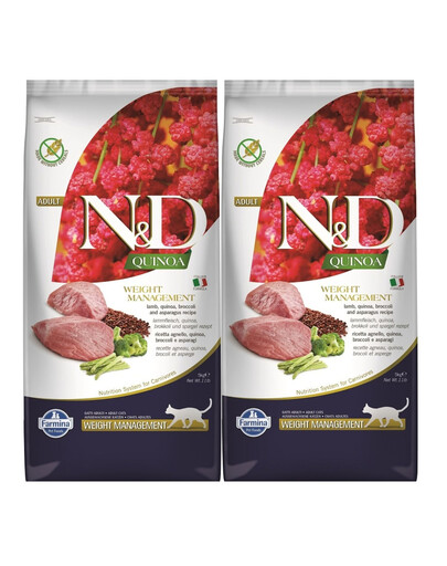 FARMINA N&D Quinoa Cat – krmivo pro regulaci hmotnosti, jehněčí maso a brokolice, 2×5 kg