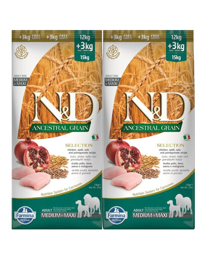 FARMINA N&D Ancestral Selection Dog kuřecí a granátové jablko pro dospělé psy střední a maximální 2x15 kg
