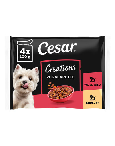 CESAR Creations Kuře s hráškem a hovězí s mrkví v želé 4×100 g mokré krmivo pro dospělé psy