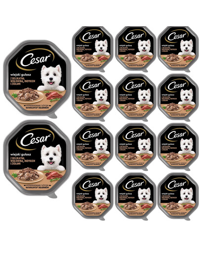 CESAR tacka 14x150 g Kompletní krmivo pro dospělé psy v omáčce s jemným hovězím, krůtím masem a bylinkami