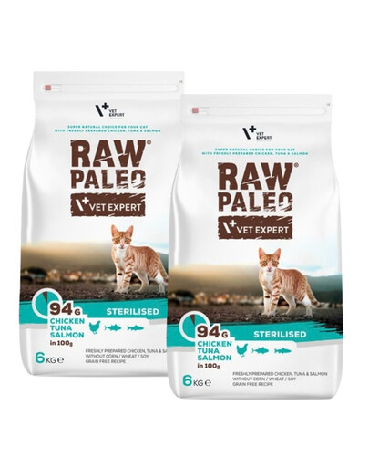 VET EXPERT Raw Paleo Sterilised Chicken&Tuna&Salmon pro kastrované kočky 2x6 kg