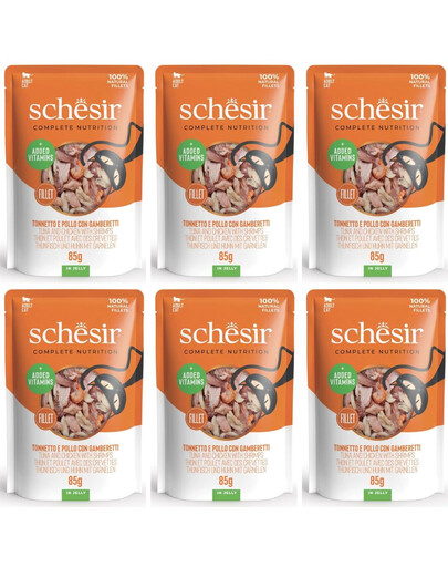 SCHESIR Tuňák a kuřecí maso s krevetami v želé pro kočky 6x85 g