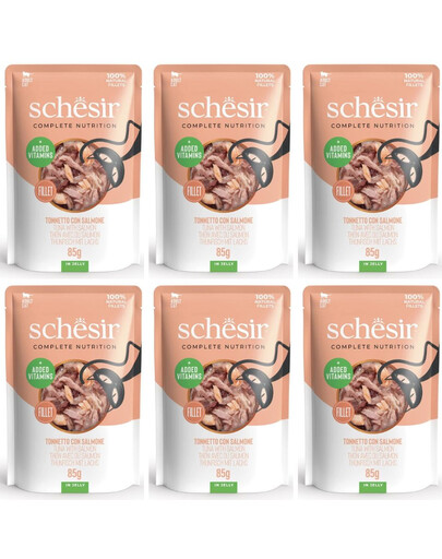 SCHESIR Tuňák s lososem v želé pro kočky 6x85g