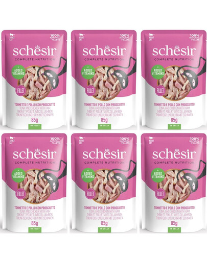 SCHESIR Tuňák a kuře se šunkou v želé pro kočky 6x85 g