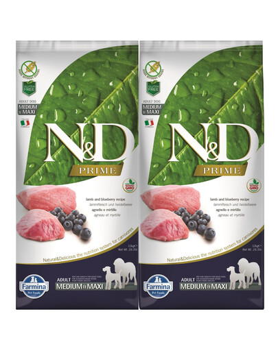 FARMINA N&D Prime Dog Lamb & Blueberry Adult Medium & Maxi 2x12 kg krmivo pro psy středních a velkých plemen