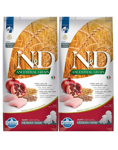 FARMINA N&D Ancestral Grain Chicken & Pomegranate Medium & Maxi Puppy 2x12 kg krmivo pro štěňata