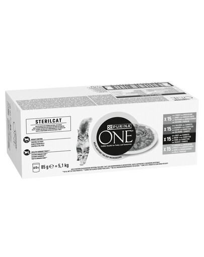 PURINA ONE Sterilcat Meat and Vegetables Adult 60x85g s krůtím, lososem, hovězím a kuřecím masem, pro sterilizované kočky