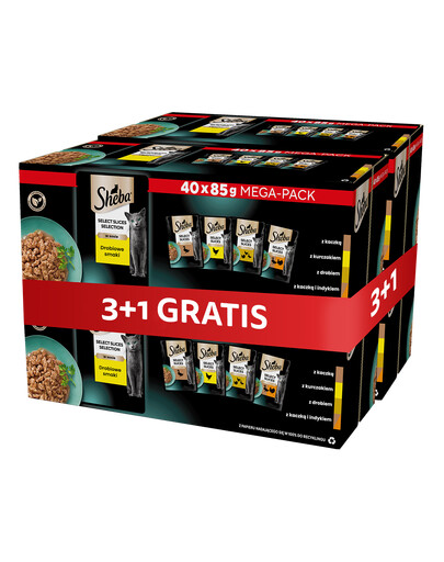 SHEBA Selection Select Slices Drobiowe Smaki saszetki 4 x 40x85 g w sosie kawałki z: kaczką, kurczakiem, drobiem, kaczką i indykiem dla dorosłych kotów 3+1 GRATIS