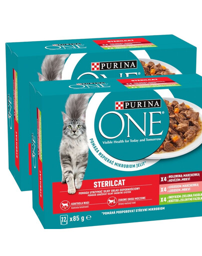 PURINA ONE Sterilcat 24x85g z wołowiną i marchewką, z łososiem i marchewką, z indykiem i zieloną fasolką, mokra karma dla kotów po sterylizacji