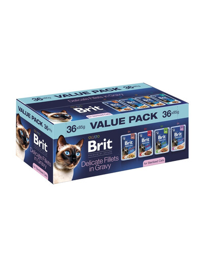 BRIT Premium by Nature Cat Sterilized Fillets in Gravy Value Pack 36x85 g Masové a rybí filety v omáčce pro sterilizované kočky