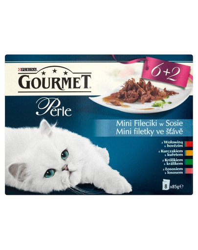 GOURMET Perle kapsa 85 g mix 6+2 ZDARMA mini filety s hovězím masem v omáčce